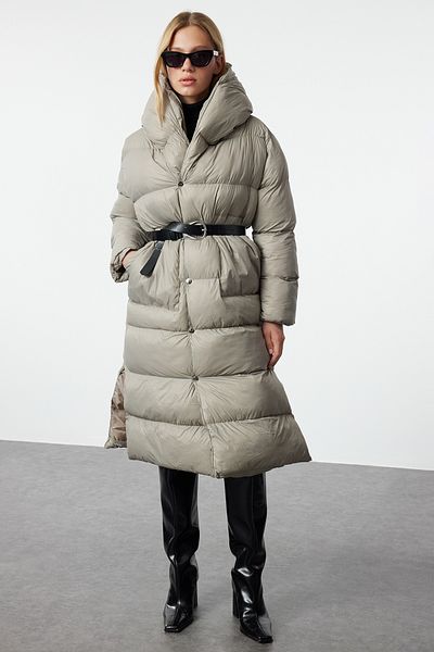 Trendyol Collection Gray Belted Oversize Puffer Jacket - Water Repellent, Wide Collar TWOAW25MO00057