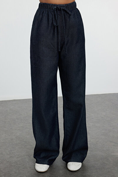 Trendyol Collection Premium Dark Blue - 100% Tencel ™   High Waist Elastic Tie Wide Leg Jeans Twoaw25Je00046