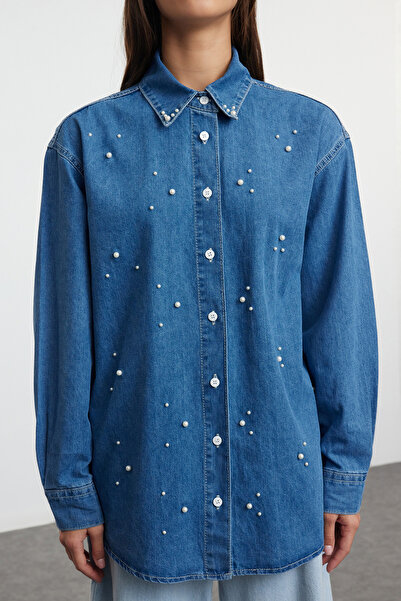 Trendyol Collection Džínová košile s modrými perlami Twoaw25Go00057