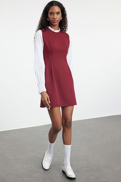 Trendyol Collection Rochie mini țesătă detaliată cămașă în linie A burgundă TWOAW24EL00587