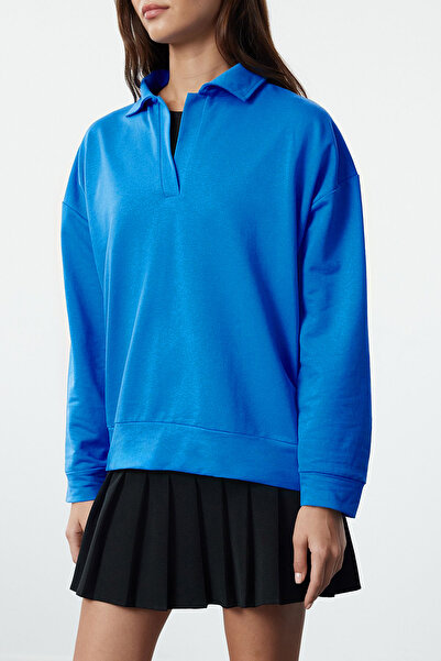 Trendyol Collection Saks Color Thin Knitted Polo Collar Sweatshirt - Regular Fit TWOAW23SW00003
