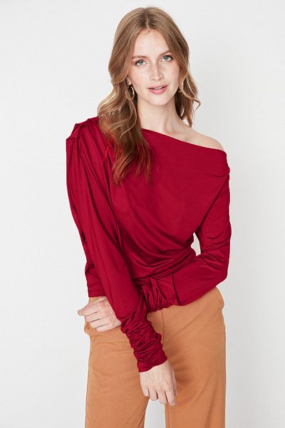Trendyol Collection Red Asymmetrical Collar Flowy Stretchy Knitted Blouse TWOAW21BZ1383
