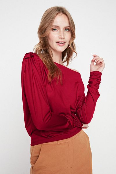 Trendyol Collection Red Asymmetrical Collar Flowy Stretchy Knitted Blouse TWOAW21BZ1383