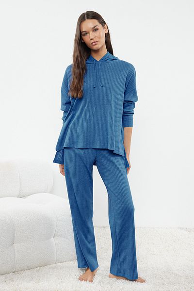 Trendyol Collection Sada pyžama s kapucí z modré bavlny se šňůrou - THMAW22AU0334