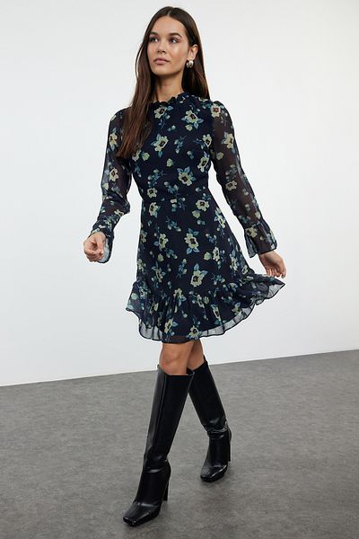 Trendyol Collection Μίνι φόρεμα Dark Navy - Λουλούδια και βολάν, TCLAW19LJ0076