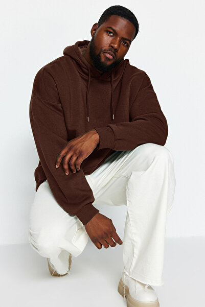 Trendyol Collection Plus Size Hooded Fleece Sweatshirt - Brown with Tags TMNAW24AO00000