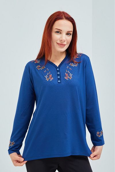 Stilmony Women's Indigo Blue Floral Casual Lycra Combed Cotton Blouse