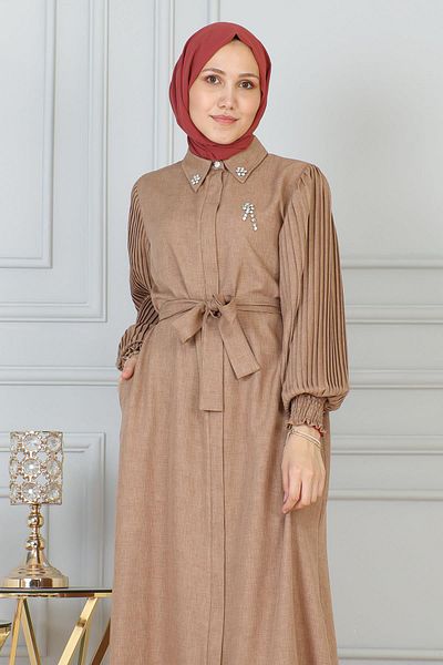 Modamihram Tan 19208 - Zippered Ferace with Stone Detail