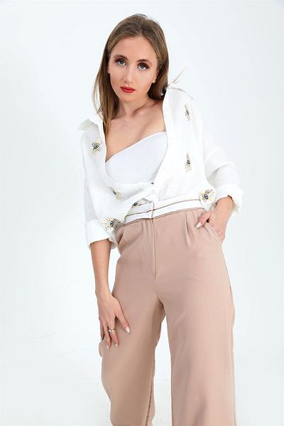 VAPUR TEKSTİL Παντελόνι Palazzo Garni Belted Atlas Fabric - Μπεζ
