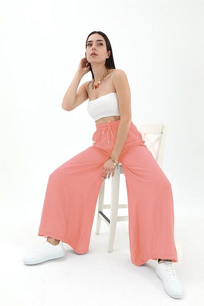 VAPUR Women's Linen Trousers - Wide Belt and Wide Leg - Coral