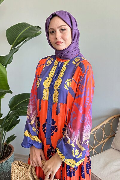 InStyle Salmon Colored Palm Pattern Viscose Dress