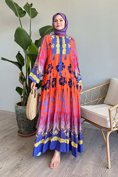 InStyle Salmon Colored Palm Pattern Viscose Dress