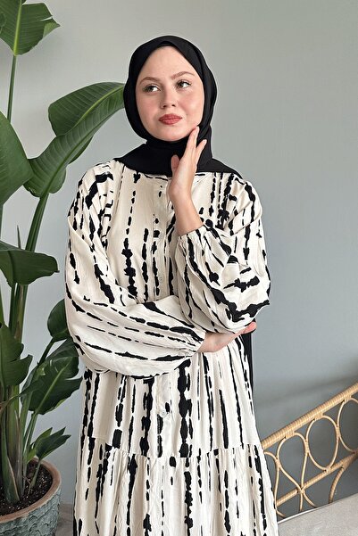 InStyle Çizgi Desen Salaş Beyaz Viskon Elbise