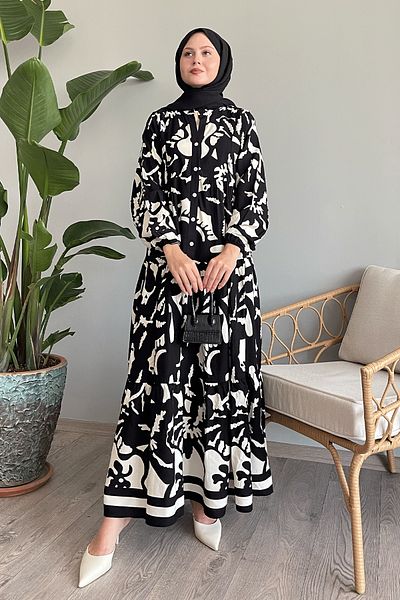 InStyle Μαύρο Φόρεμα βισκόζης - Φαρδύ και μισό κουμπωμένο