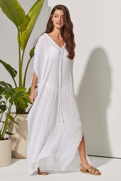 White By Nature V Yaka Saç Örgülü Beyaz Kimono