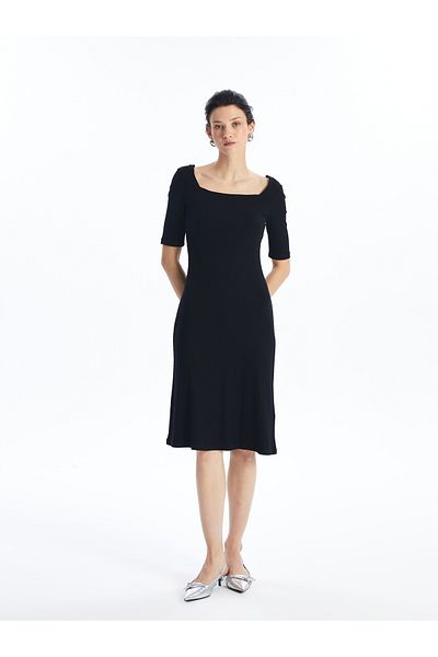 LC Waikiki Women's Dress - Square Neck, Solid Cut, Short Sleeve