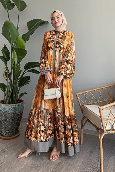 InStyle Anthracite Colored Abstract Floral Patterned Viscose Dress