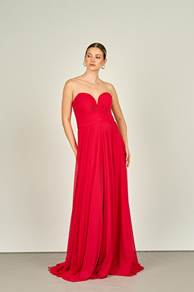ŞEREF VURAL Red Strapless Long Women's Evening Dress -5437021