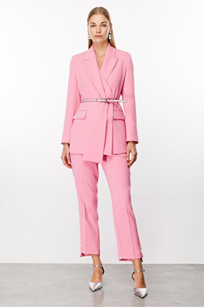 Moda İlgi Pink Modailgi Double Breasted Jacket - Double Layer and Belt Detail