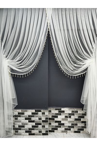 Art Perde Beaded Double Sided Patternless Close Pleat (1/3) Double Breasted Greek Tulle Curtain with Mechanism Suitable for All Rooms