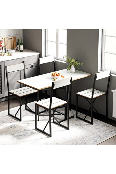 eportatif Katlanır 4 Kişilik Mutfak Masa Sandalye Takımı Beyaz 1416