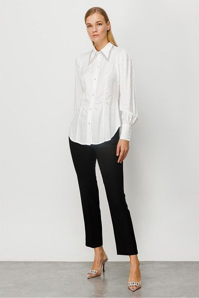 Moda İlgi Modailgi Jewelled Gathered Waist Jacquard Blouse Ecru