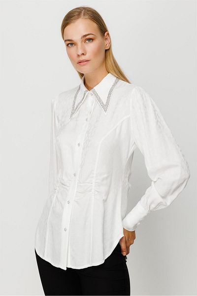 Moda İlgi Modailgi Jewelled Gathered Waist Jacquard Blouse Ecru