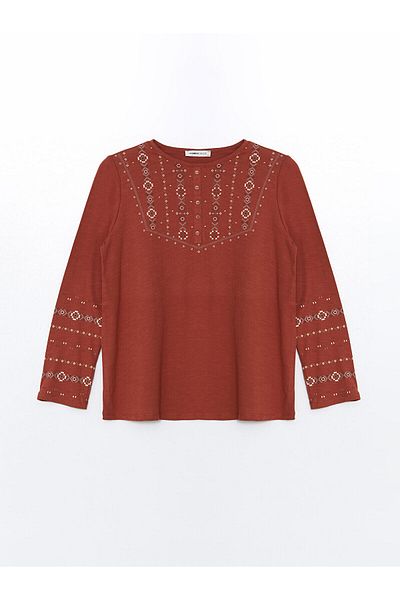 LC Waikiki Tricou pentru damă LCW cu mânecă lungă, cu model, cu decolteu rotund