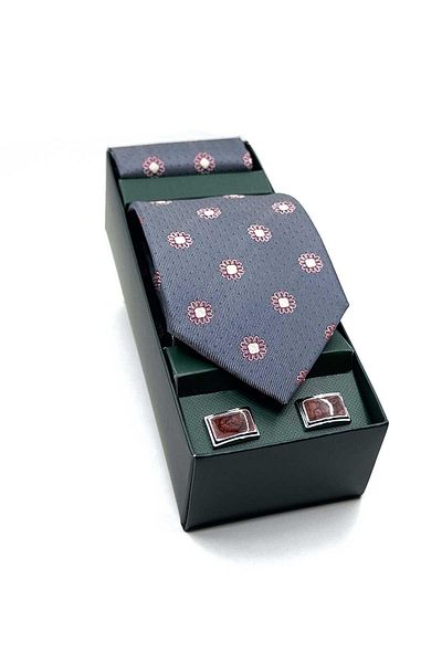 Kravatkolik Os565 Model Gray Handkerchief Tie and Coffee Sleeve Gift Set