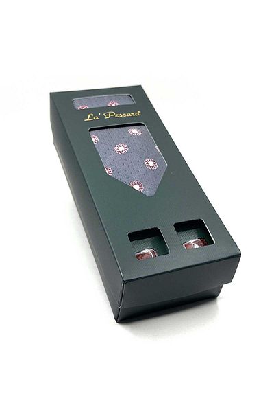 Kravatkolik Os565 Model Gray Handkerchief Tie and Coffee Sleeve Gift Set