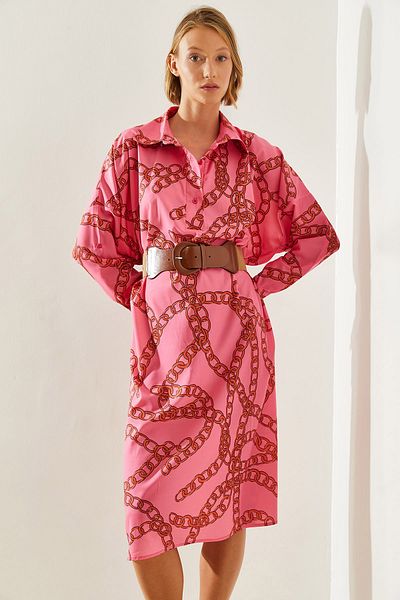 Bianco Lucci Chain Patterned Bat Sleeve Midi Dress - Shirt Collar 21477 60251649