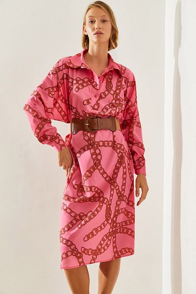 Bianco Lucci Chain Patterned Bat Sleeve Midi Dress - Shirt Collar 21477 60251649