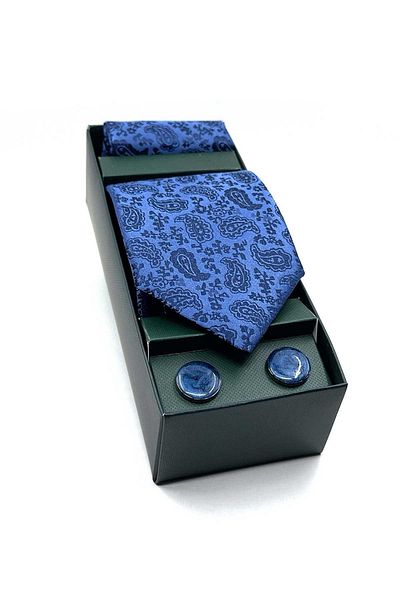 Kravatkolik Navy Blue Handkerchief Tie and Cufflink Gift Set - Os574