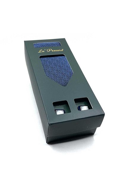 Kravatkolik Navy Blue Handkerchief Tie and Bone Sleeve Gift Set - Os572