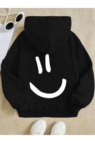 Toum Hanorac negru cu glugă - Dompuleri Fashion, Smile Back Printed