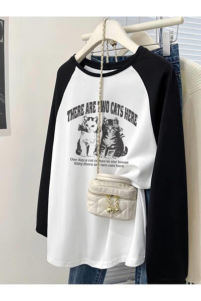 Touz Moda Λευκό Vintage Raglan T-Shirt - Μακρυμάνικο, Cat Print και χαριτωμένο