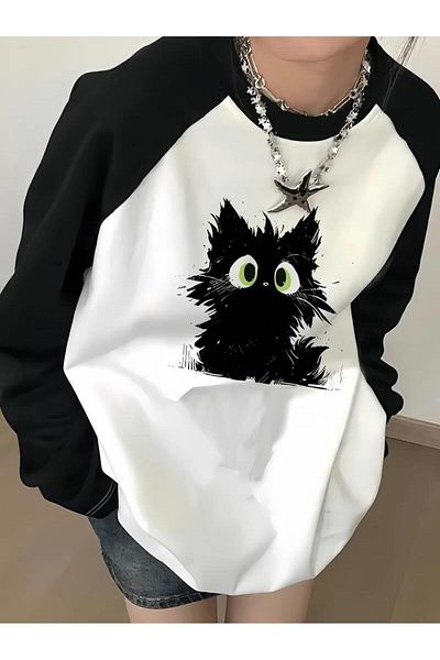 Touz Moda Λευκό Vintage Raglan T-Shirt - Μακρυμάνικο, Μαύρη Γάτα με στάμπα