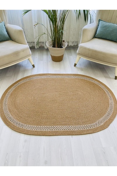 bestiva Hasır Görünümlü Desenli Modern El Örgüsü Oval Halı Kilim