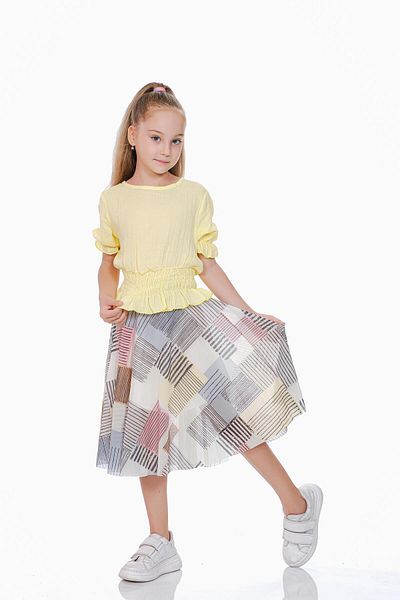 Kamex Yellow Girl's Set - with Muslin Blouse and Tulle Chiffon Skirt