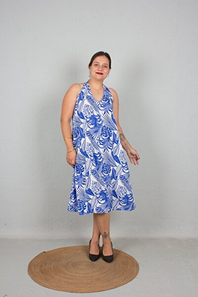 Truva XXL Rochie cu bretele și decolteu înalt, cu model albastru, mărime mare