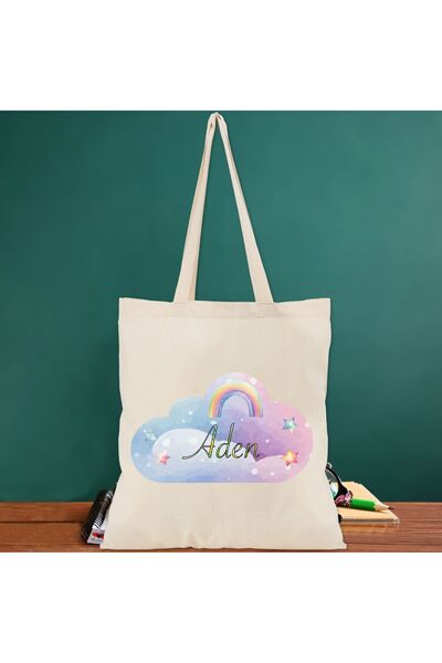 SEP MARCH Kız Çocuk Baskılı Bez Çanta * Bulut Gökkuşağı İsim Baskılı Çocuk Ça...
