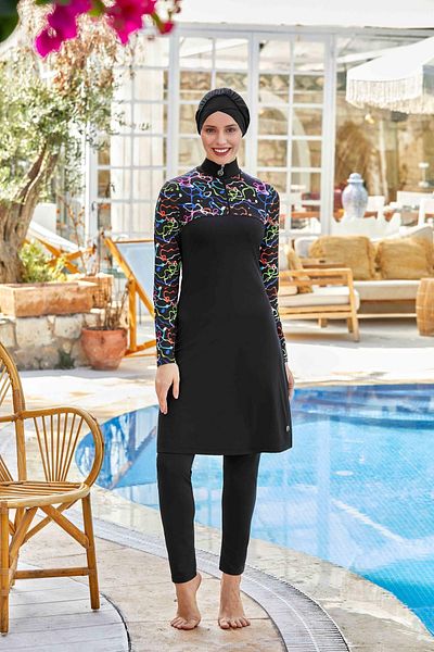 MARESİVA Hijab Swimsuit - Patterned and Zipper Detailed