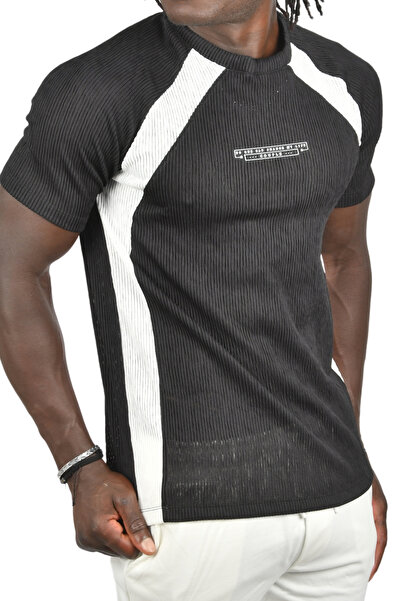 DeepSEA Ανδρικό μπλουζάκι μαύρο με ραβδώσεις Lycra - Γράμμα και ρίγα 2403231