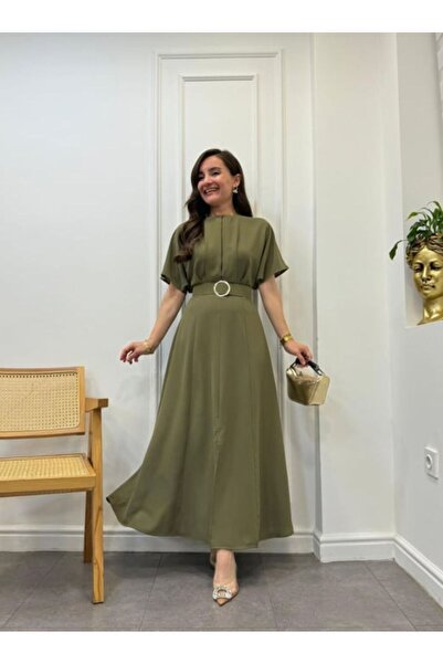 MAMMY Haki Göğüs Pileli Yırtmaçlı Elbise