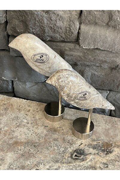 Polen Stone Dekor Silver Traverten Doğal Taş Kuş Paslanmaz Metal Ayaklı 2li T...