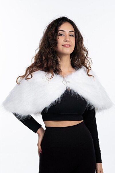 KürkZone Kadın Gelin Abiye Uzun Tüylü Kürk Etol Bolero
