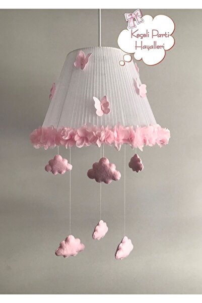 Keçeli parti hayalleri bebek çocuk odası avize beyaz tül açık pembe bulut çiç...