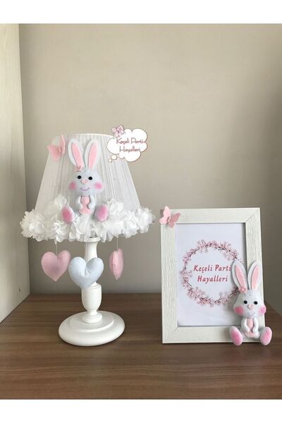 Keçeli parti hayalleri bebek çocuk odası abajur çerçeve tavşan açık pembe bey...