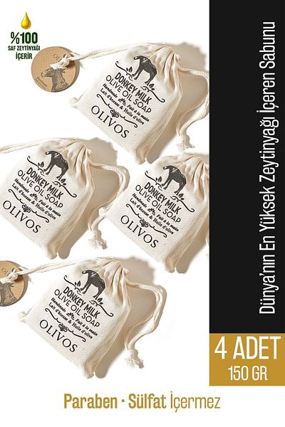 Olivos 150 Gr 4 Pcs 100% Natural Donkey Milk and Olive Oil Solid Soap - Intensive Moisturizing Hand Soap