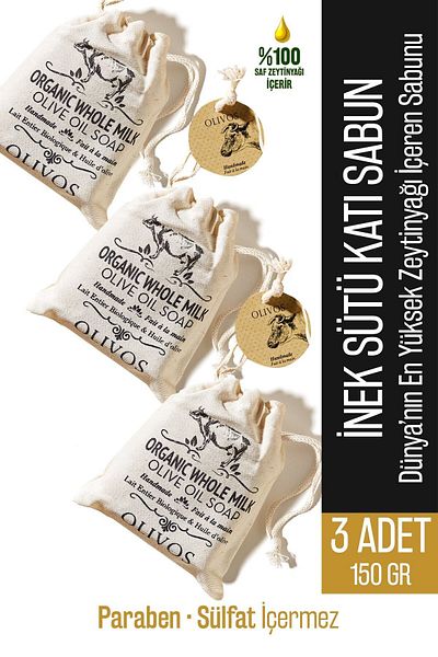 Olivos Natural Cow Milk and Olive Oil Solid Soap Cow Milk Hand Soap Pouch Gift 3 Pcs 150 Gr